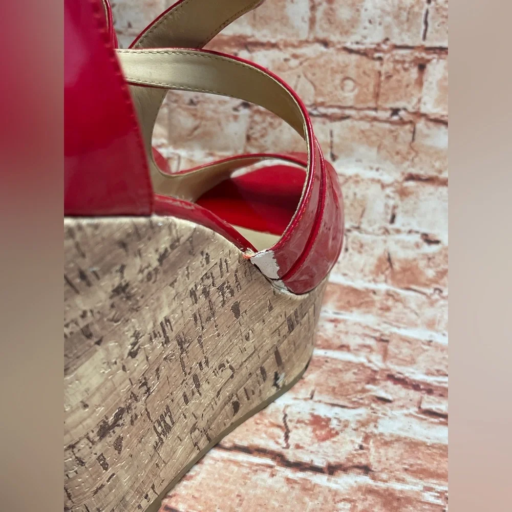 Forever 21 Red Peep Toe Ulta High Patent Leather Wedges with Cork Platform